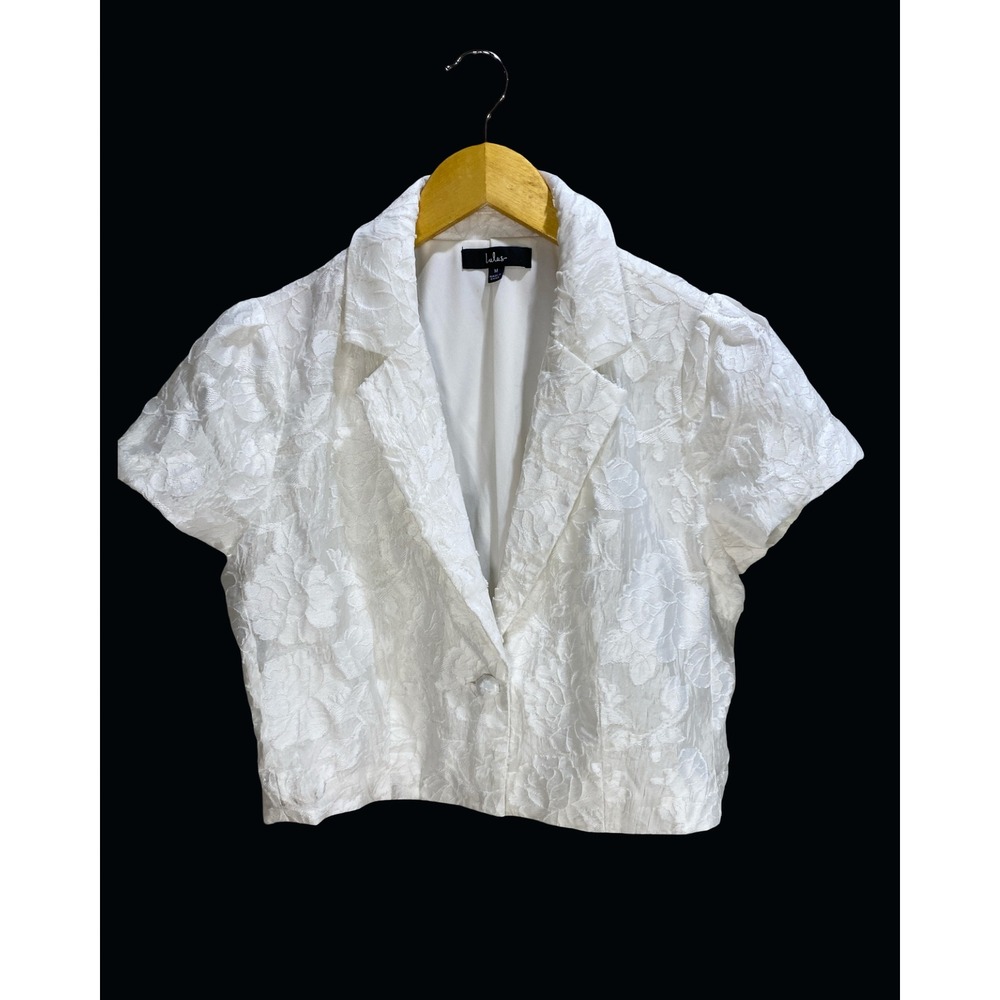 Lulus White Floral Jacquard Cropped Blazer Short Sleeve Puff Shoulder Medium